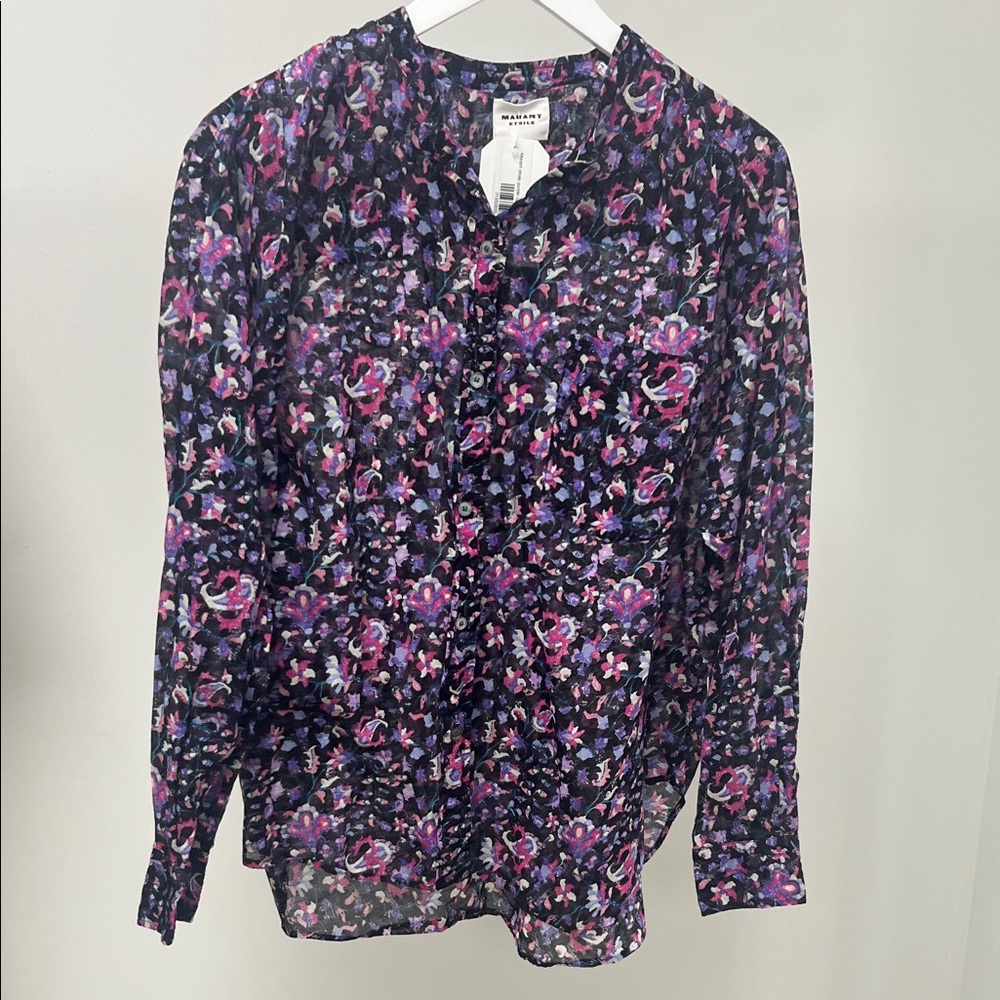 Theory Navy Floral Sheer Blouse with Pink & Purple Accents